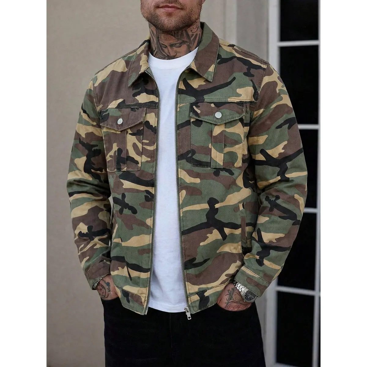 Camo Denim Trucker Jacket Woodland Camouflage Zip-Up - Rigid Cotton Twill Workwear, Men's Vintage Military Utility Shacket for Casual Fall Streetwear with Button-Flap Chest Pockets
