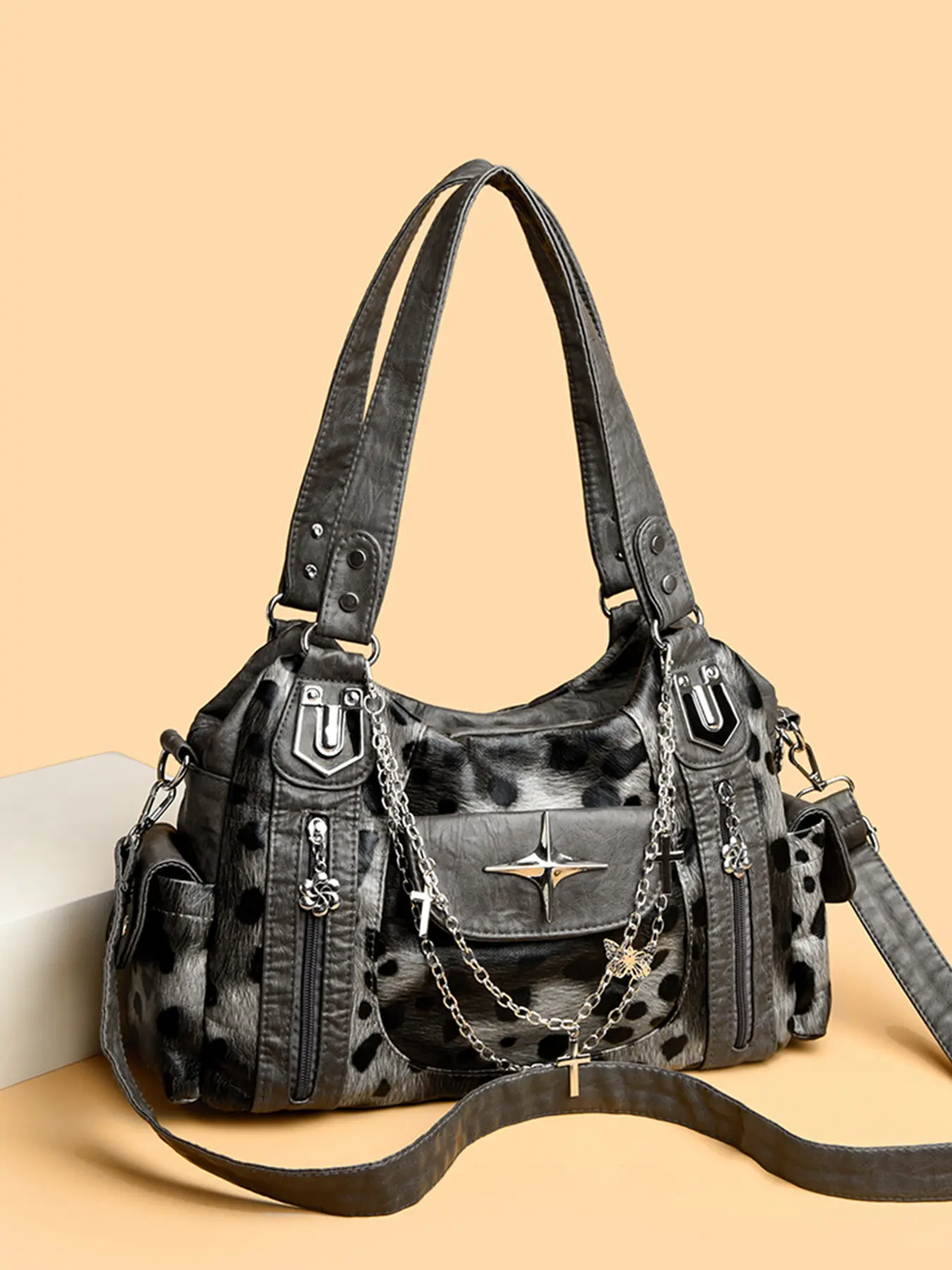 1Pc Grey Leopard Print Hobo Shoulder Bag Star Metal & Butterfly Chain Decor Multi Pocket Daily Handbag, Ideal For Shopping, Travel And Casual Outdoor Outings For Women