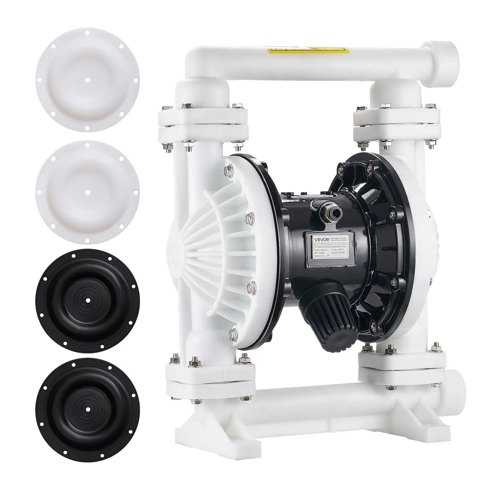 VEVOR Air Operated Double Diaphragm Pump, 25 GPM, 1 inch Inlet Outlet Pneumatic Waste Oil Transfer Pump, Max 100 PSI, Polypropylene Body, Air-Operated for Diesel, Grease, Kerosene, Gasoline Oil