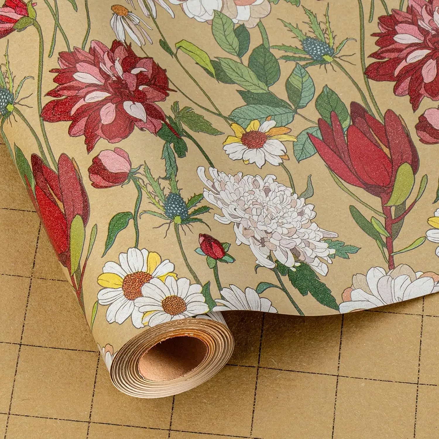 Botanical Garden Wildflowers Wrapping Paper Mini Roll (17x16.5ft) with Grid Lines - Colorful Floral Wrap for Women, Wedding, Birthday DIY Crafts & Leathercraft Projects