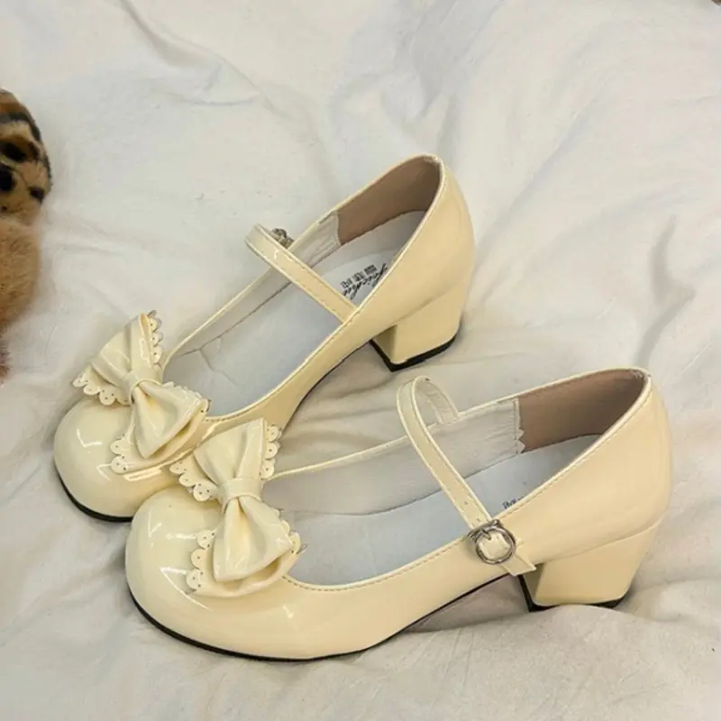 Sweet Cool Bow Classic Mary Jane Shoes, Round Toe Chunky Heel PU Leather, Vintage Versatile Daily Commuter Ballet Style, Multiple Colors Available