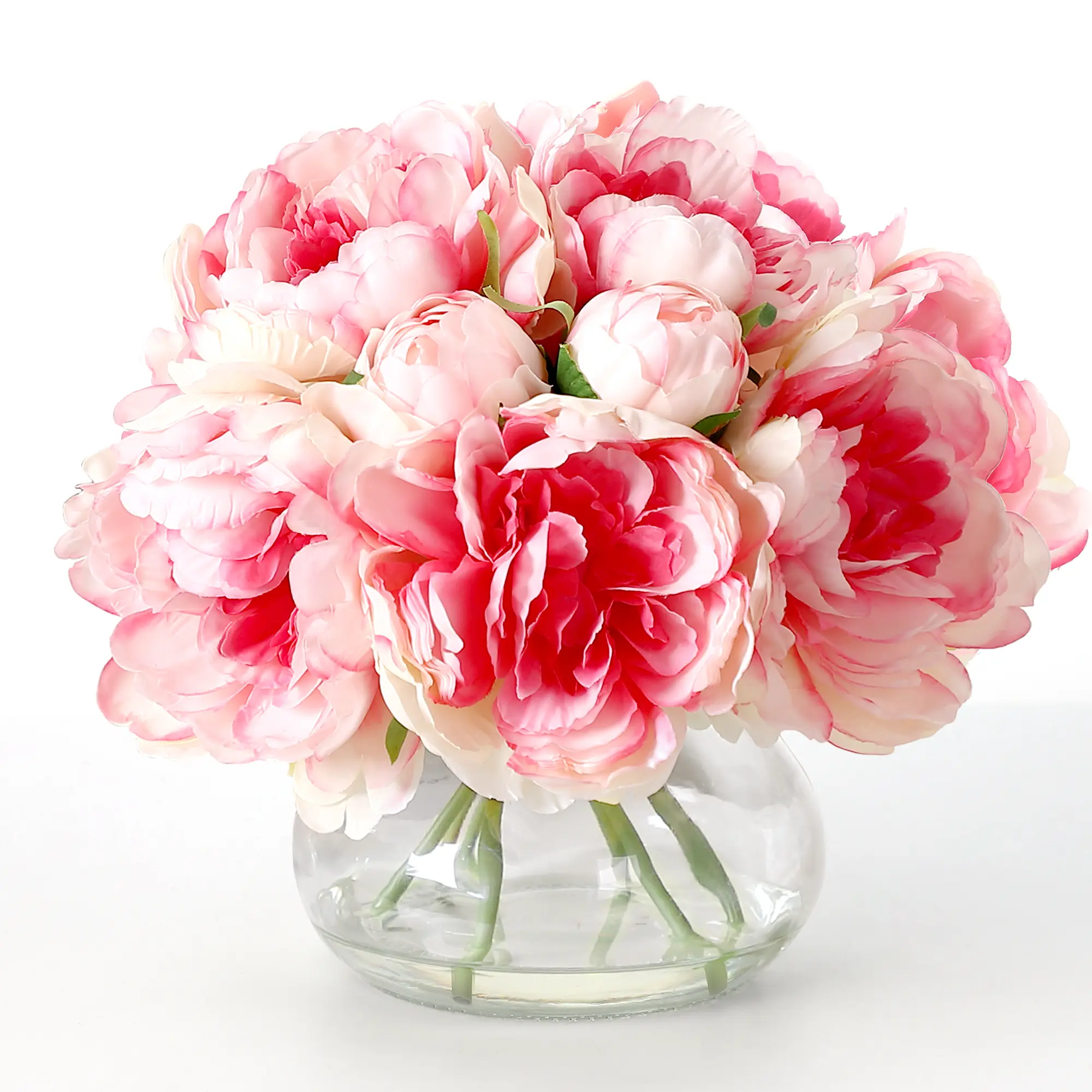 Elegant Real Touch Artificial Peonies in Glass Vase – 7 Silk Flowers with Faux Water – Lifelike Peony Arrangement for Home Decor, Table Centerpiece, Wedding or Party – Pink