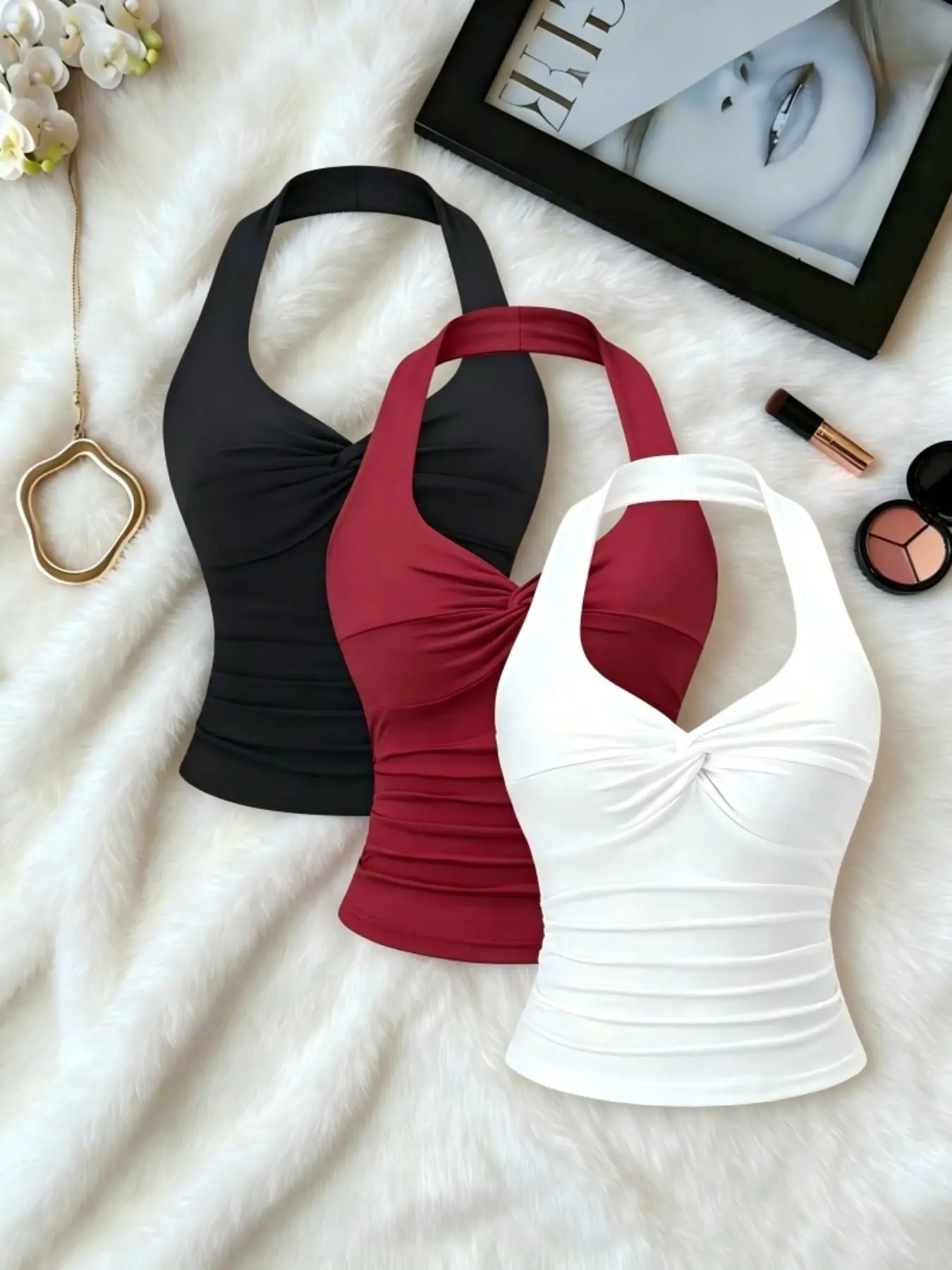 Women's Plain Three-Piece Set, Halter Neck Sleeveless Top, Knot Design Waist Cinching, Wrinkled Shirt, Casual Fashion, Casual Summer Sleeveless