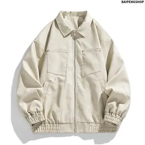 Men's Loose Fit Solid Color Zipper  Leather Jacket, Drop Shoulder Collared Long Sleeve Elastic Hem Outerwear Coat, Stylish Casual Durable Fall Winter Menswear Coats, Ideal for Daily Wear, Streetwear & Outdoor Activities