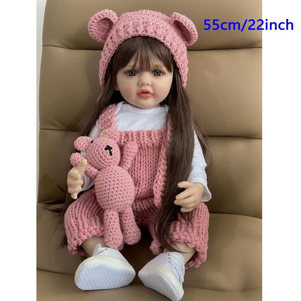22inch Silicone Reborn Baby Doll, Lovable Lifelike Princess Newborn Bebe Toddler Girl, Lovely Birthday Gift Toy with Long Brown Hair, Dress Up Doll