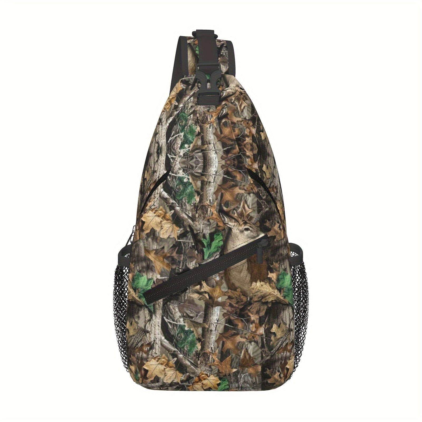 A Versatile Crossbody Chest Bag Designed for Hiking, Featuring a Camouflage Pattern with Leaves  Deer. This Folding Backpack Offers Ample Storage  Is Stylishly Durable, Making It Suitable for Shopping, Work, Travel, Beach Outings and