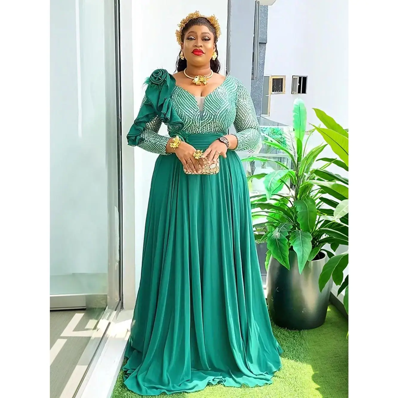 Elegant Plant Print Caftan for Women, Traditional Nigerian Plus Size Abaya Dress for Casual Spring Wear, Plants, No, A