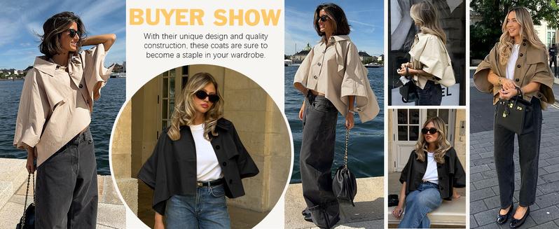 FMEYOA Womens Oversized Cropped Trench Coats Single Breasted 3/4 Cape Sleeve Trendy Casual Jackets Button up Outerwear