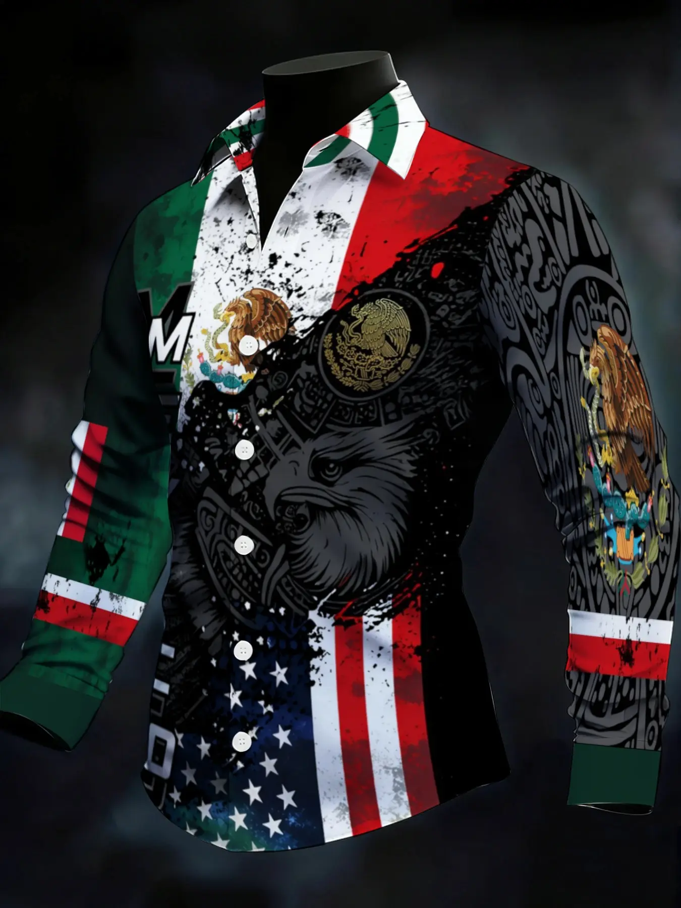 Men's Long Sleeve Shirt with Mexican Elements Print and American Flag Pattern Classic Color Matching of Army Green Black Red White Fashion Casual Versatile Top, Football Game Day Casual Outfit For Mexican FansSoccer Fan Ethnic Ret Casual Trendy Shirt