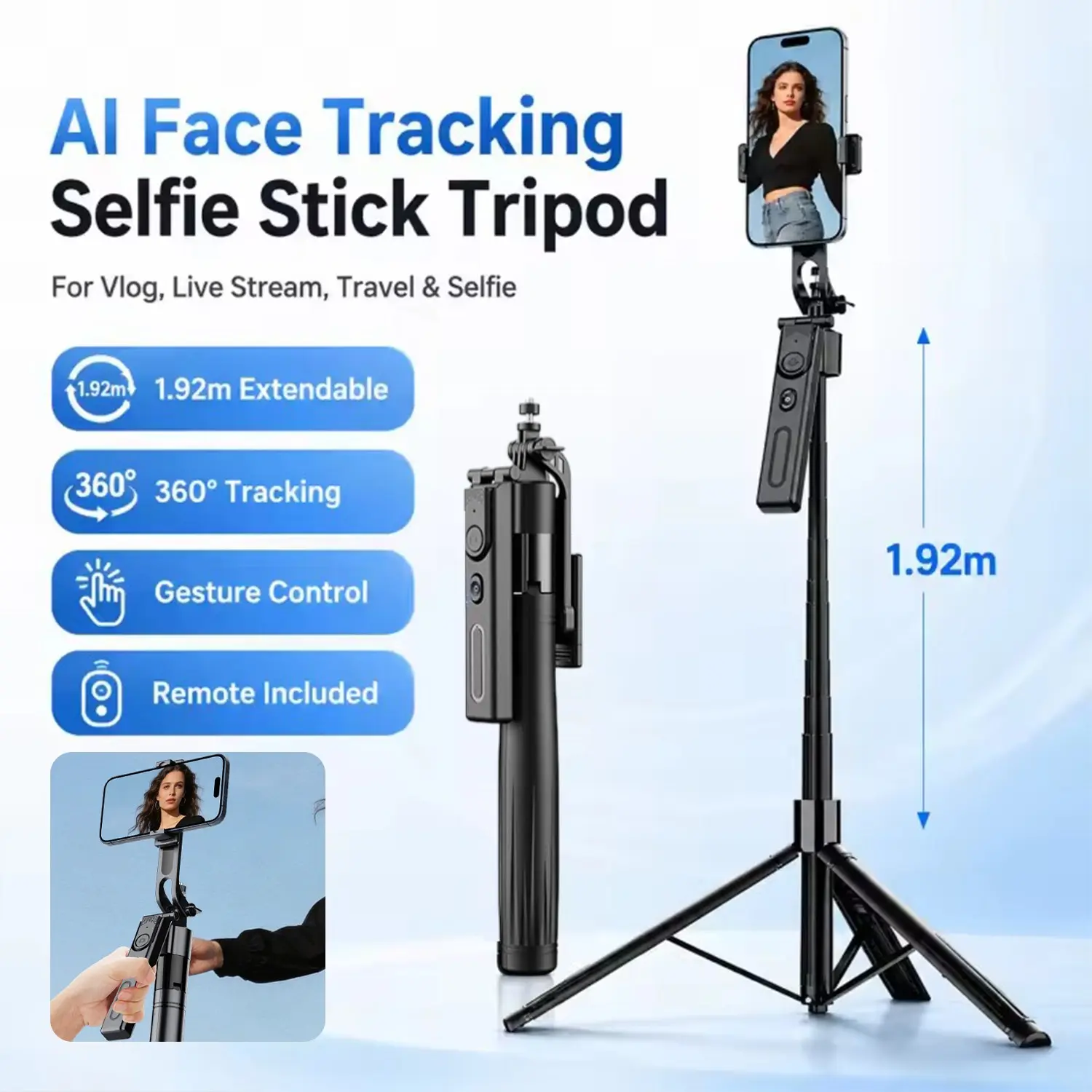 Automatic Face Tracking Extendable Tripod, 360 Rotating Tripod with Remote Control, Compact Portable, Max Extension Up to 75.6 Inches
