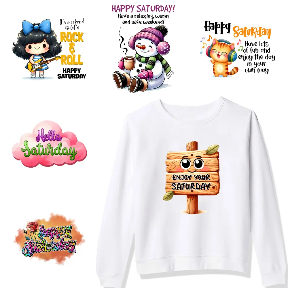 6 Pcs Enjoy Your Saturday Iron-On DTF Transfers for Clothes, Fabric & Crafting - Washable, Easy-to-Heat-Press Decals for Hoodie DIY Crafts, Casual Style Stickers