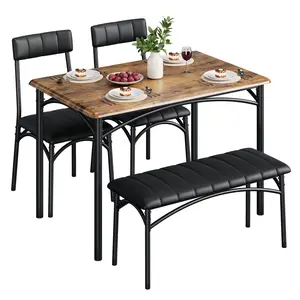 Space-Saving 4-Piece Dining Table Set – Modern Rectangular Table with Upholstered Bench & 2 Chairs – Durable Metal Frame – Perfect for Small Apartments or Dining Rooms