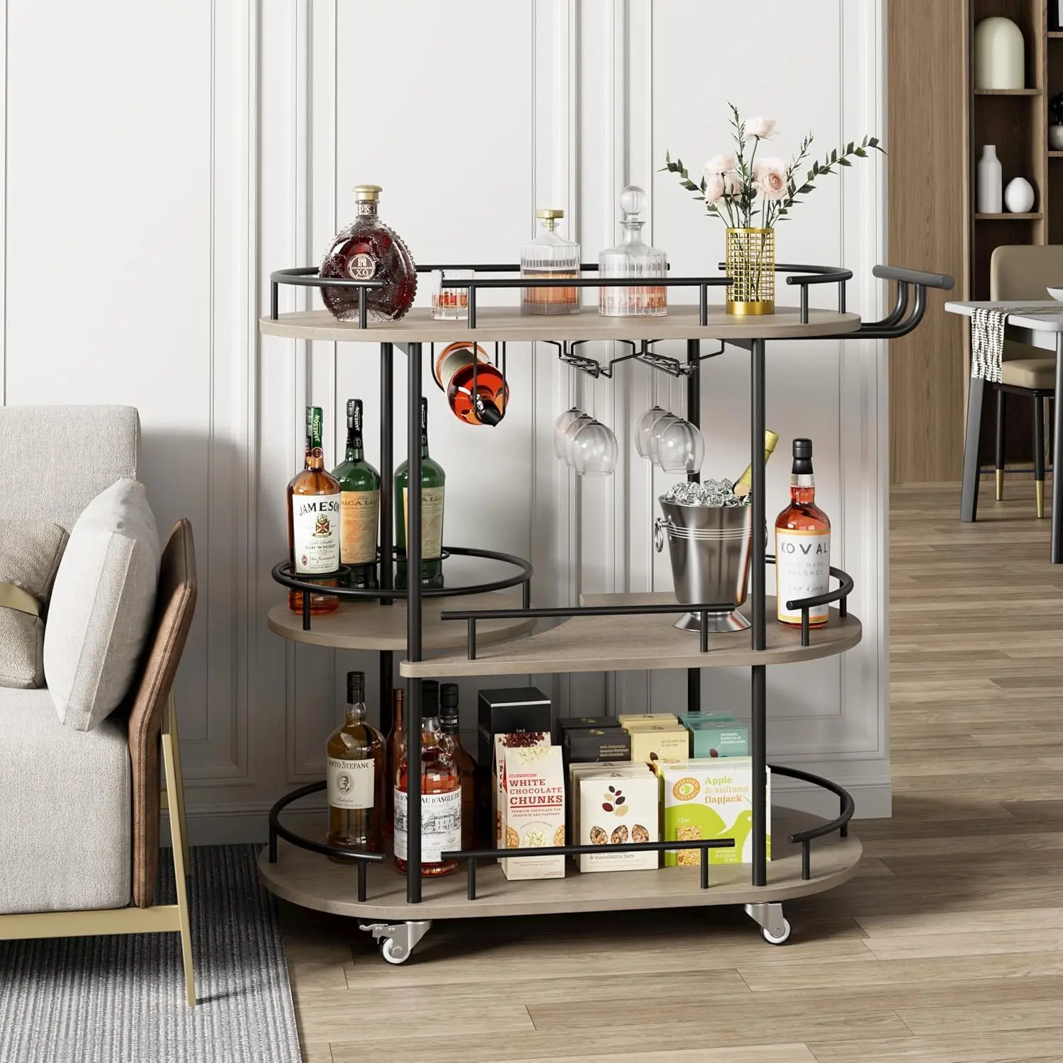 Garvee 3-Tier Mobile Bar Cart on Wheels with Wine Rack and Glass Holder, Metal Utility Cart for Kitchen, Coffee Station, Mini Home Bar, and Dining Room, Available in Multiple Color Options