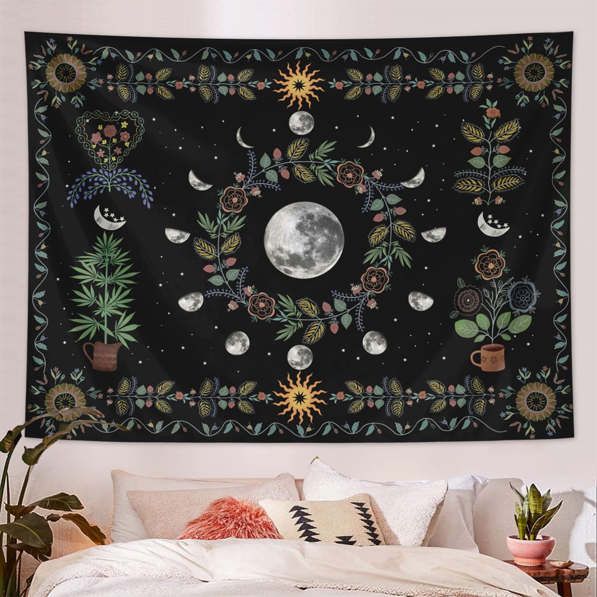 Plant & Flower Pattern Tapestry, Natural Moon Phase Tapestry, Bohemian Mandala Spiritual Tapestry, Wall Hanging for Bedroom Teenager Girls, Decor, Durable Decorative Tapestry