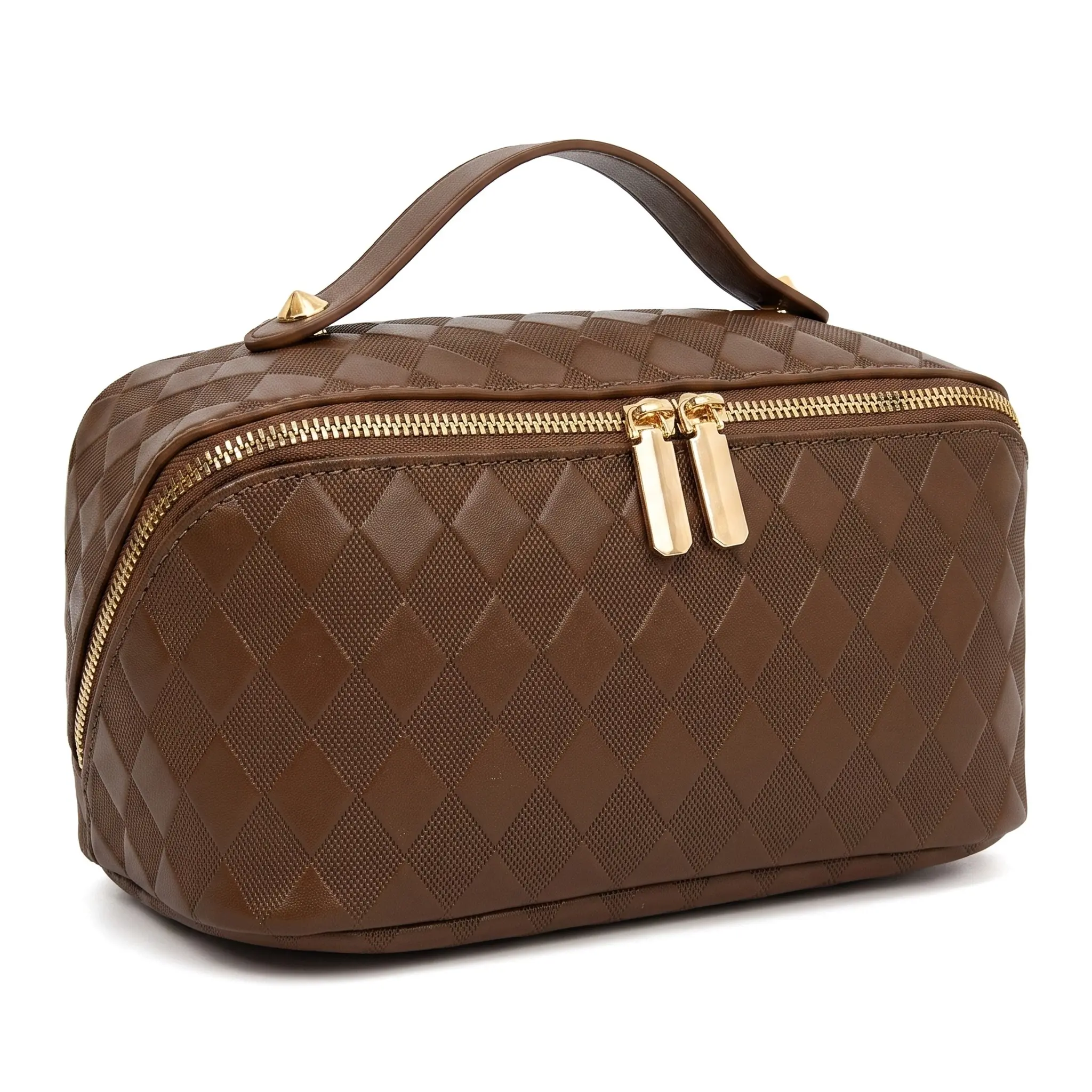 Diamond Quilted PU Makeup Bag Large Capacity Cosmetic Storage Portable Hand Held Toiletry Organizer For Home Travel Everyday Essential Vintage Style