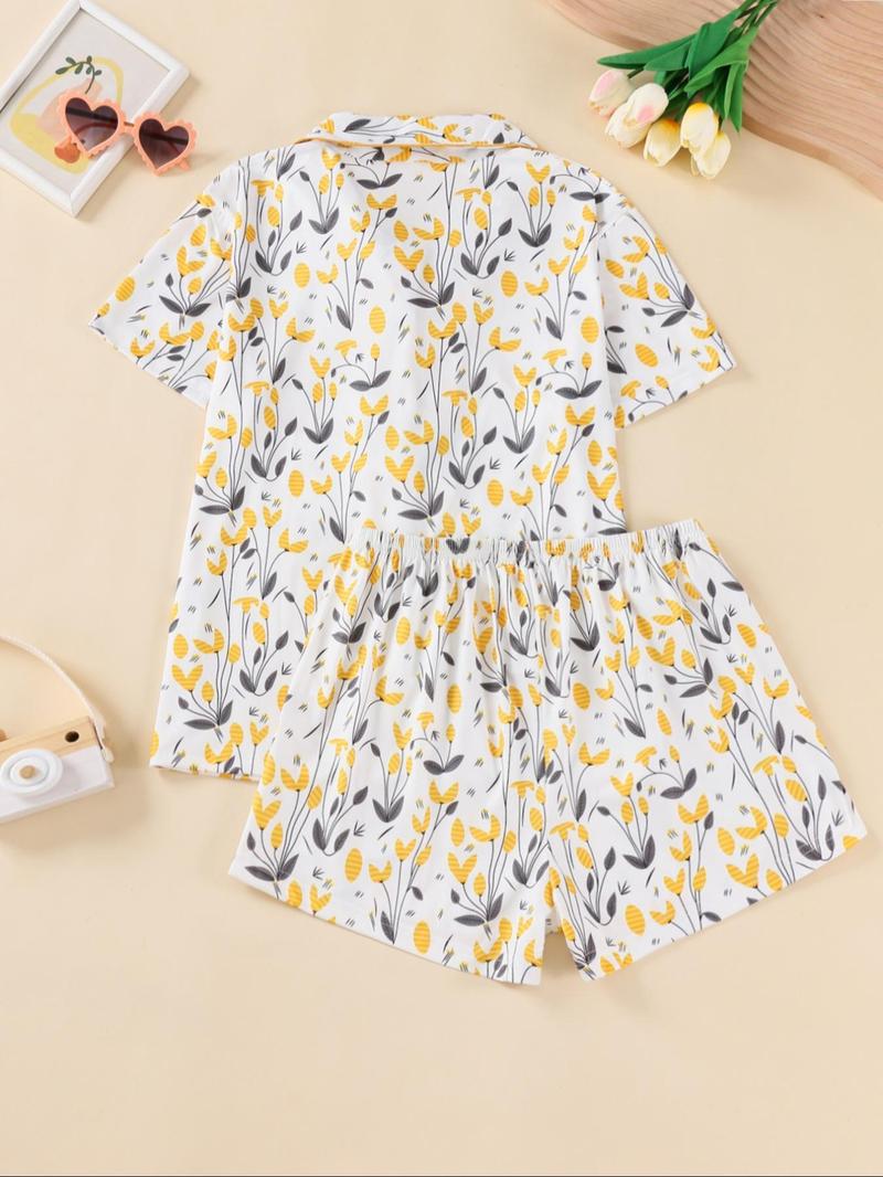 Women's All Over Bowknot Print Pajama Two-Piece Set, Cute Short Sleeve Lapel Top & Pocket Shorts PJ Set, Women's Sleepwear for Summer