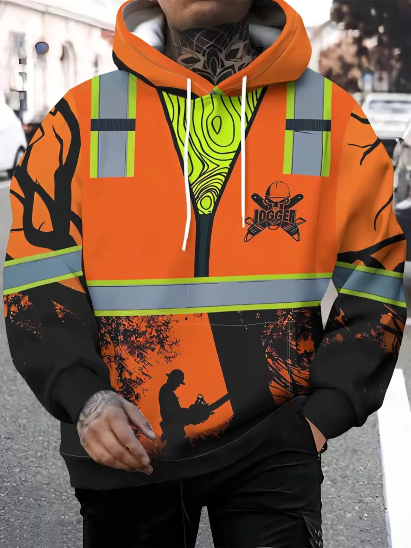 Hooded Sweatshirt 3D Print Outdoor Workwear, High Visibility Safety Style, Trendy Unisex Jacket, Fall & Winter Long Sleeve Pullover