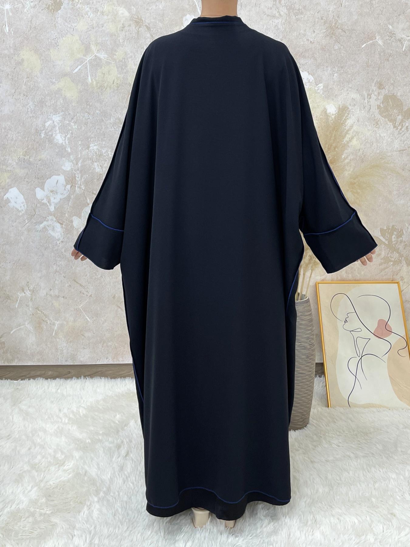 Arabic Clothing-Solid Contrast Binding Belted Abaya With Hijab Without Inner Dress, Modest Batwing Sleeve Open Front Abaya, Summer Outfits 2024, Women's Islamic Clothing for Spring & Fall, Dressy Abayas