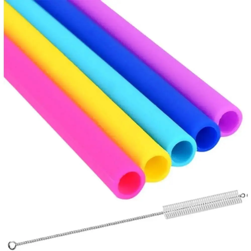 Reusable Silicone Drinking Straws - Set of 5 - BPA Free - Free Cleaning Brush Included - 10" Long Extra Wide Fat Straws - Great Gift for Smoothies & Bubble Tea Lovers