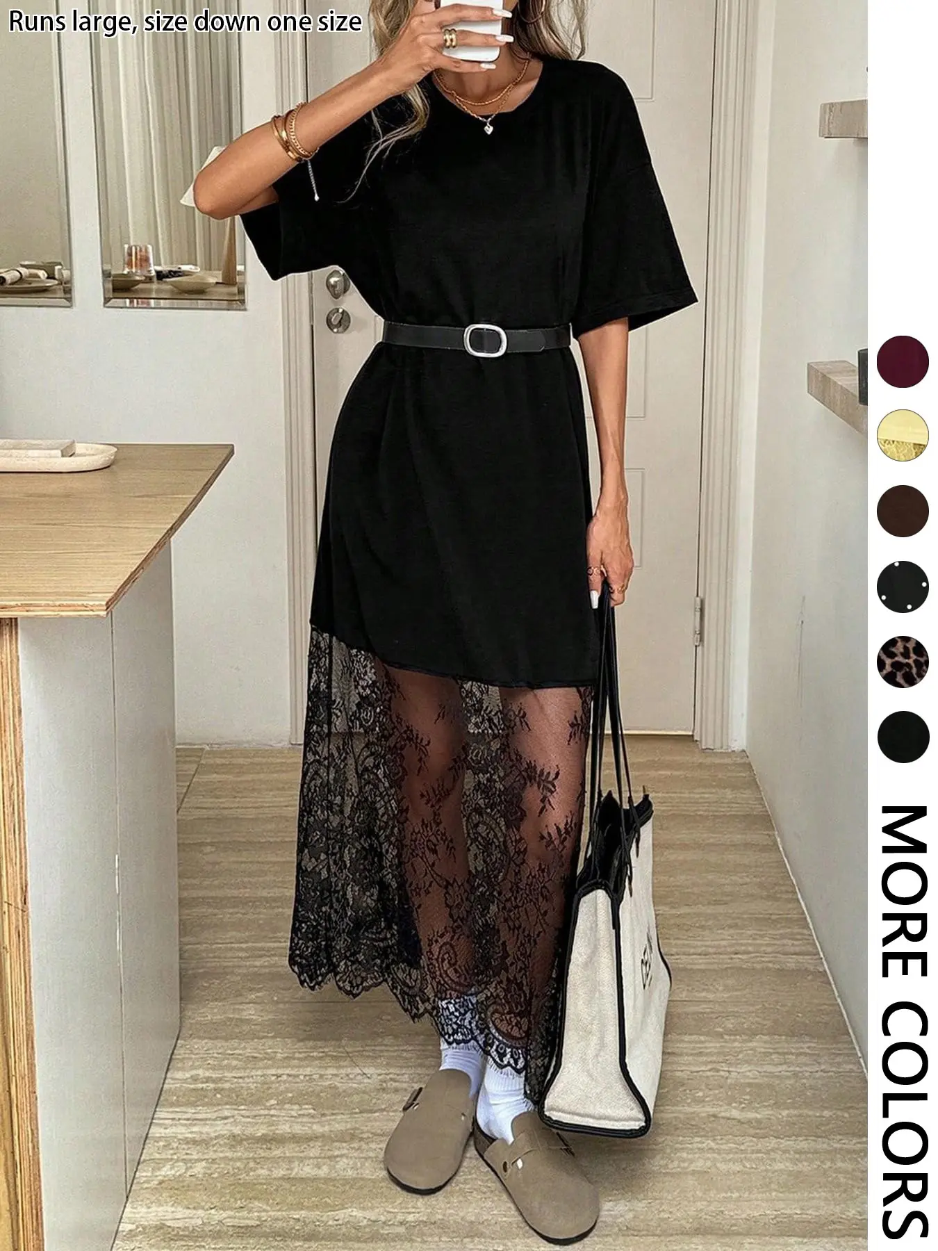 Solid Color Crew Neck Short Sleeve Loose Casual Lace Dress, Suitable For Outings And Commuting Airport Outfit Women Old Money Dress Going Out Dress Teacher Outfits Dresses For Women Elegant (Belt Not Included)