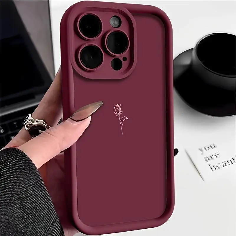 Simple Line Rose Wine Red Shockproof Silicone TPU Bumper Phone Case with Drop Protection for iPhone 16 Pro Max,15 Plus,14,13,12,11,XR,XS - Soft Smartphone Casing, Mobile Phone Accessories, Electronics Accessories (QXB321)