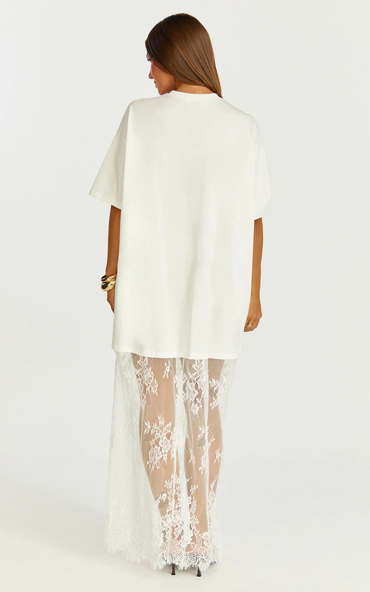 Women's Black Oversized T-Shirt Maxi Dress with Sheer Lace Hem Drop Shoulder Short Sleeve Perfect for Street Style...