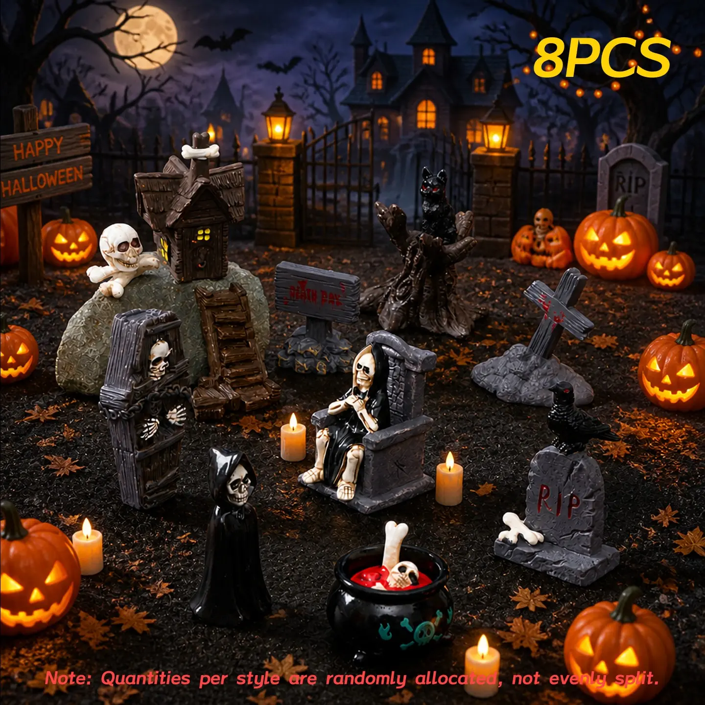 8pcs Random Halloween Resin Miniatures, Haunted House Graveyard Kit, Fairy Garden Decor, Desktop & Terrarium Ornament
