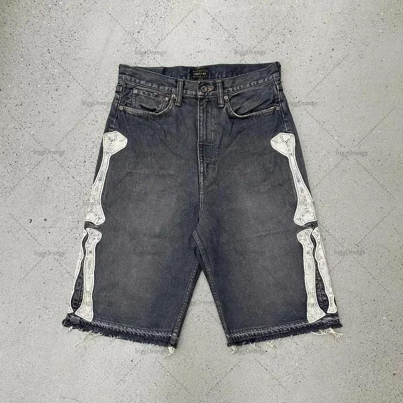 Summer retro skeleton denim shorts sports casual shorts new couple wearing street street 55 pants 2026 Europe and America(Sheets)