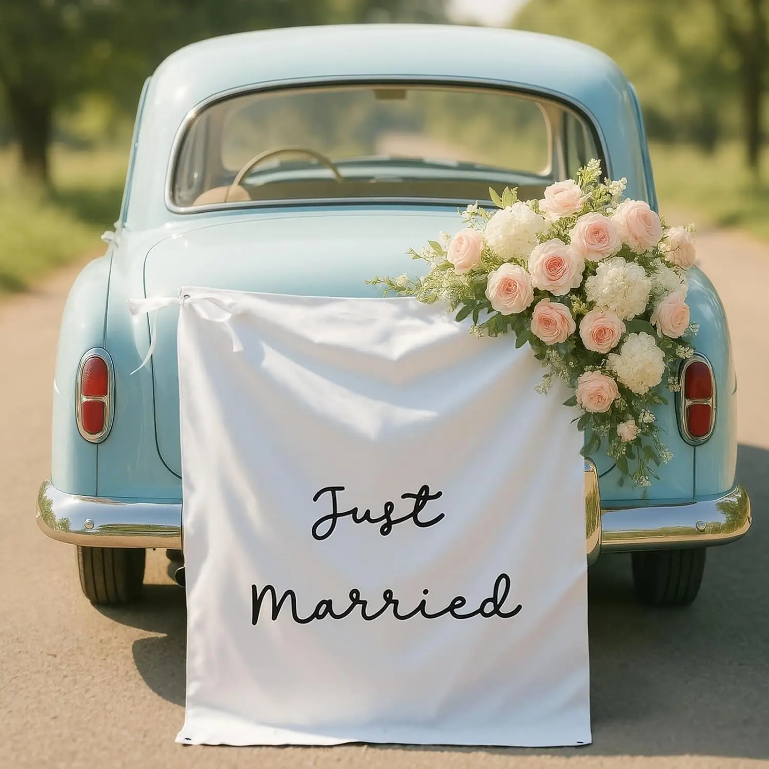 Just Married Burlap Banner 29x39 Inch – Rustic Boho Wedding Backdrop Fabric with Ribbons & Hooks – Photo Props Sign for Marriage Party Indoor Outdoor Wall Decor
