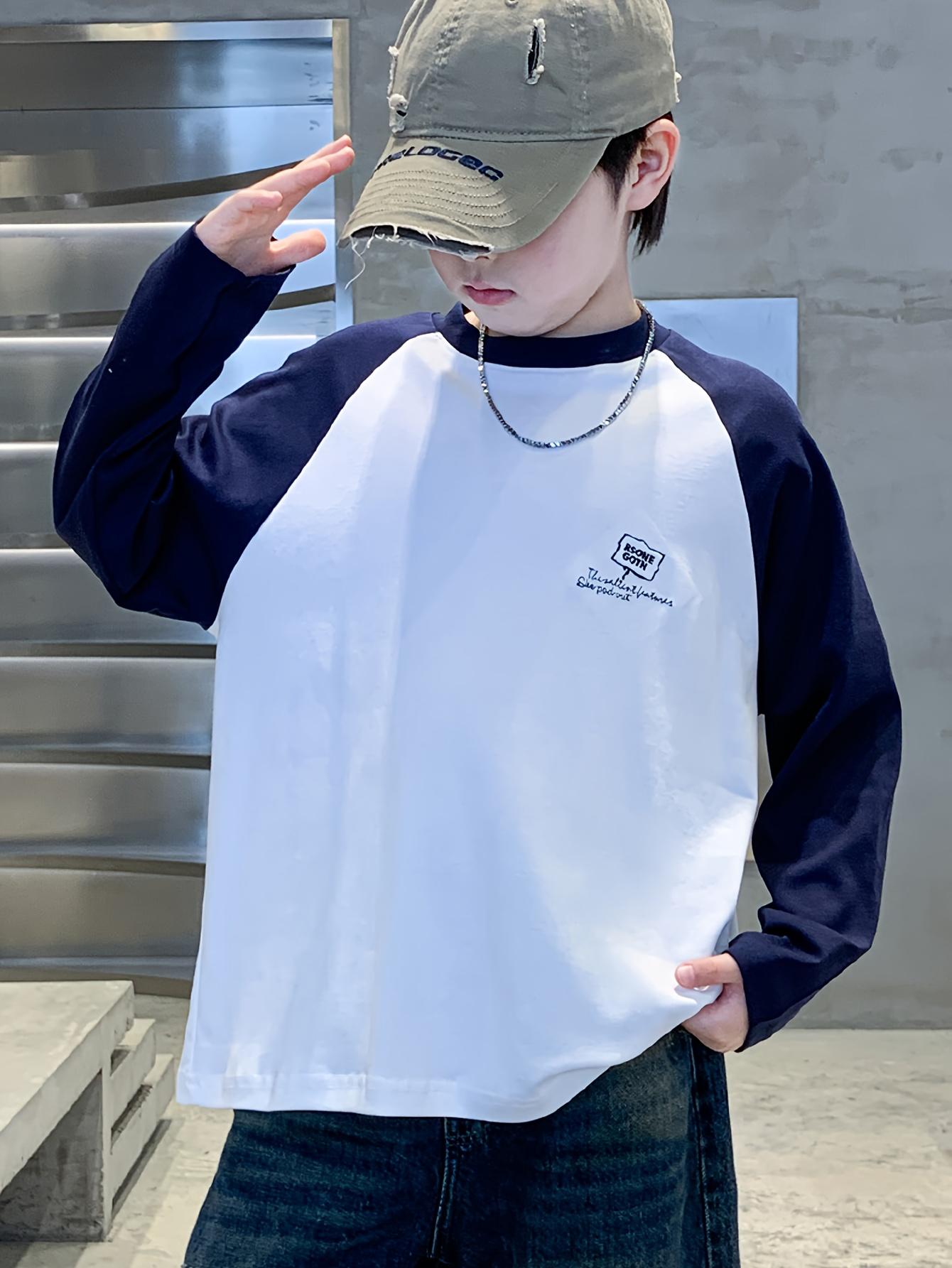 Boys' Long Sleeve T-Shirt with Contrast Color Block & Raglan Sleeves - Oversized H-Line Fit, Round Neck Casual Shirt for Spring/Fall Layering, & Outdoor Play - Easy-Care Kids' Top (White/Black/Navy)(Gift)11