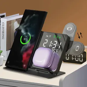 4 in 1 Wireless Charger Alarm Clock Stand Fast Charging Station For iPhone 17 16 15 14 13 Watch Samsung S23 S22 Galaxy Airpods