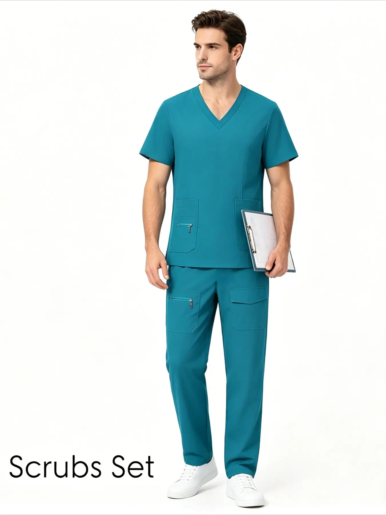 Pet Grooming Hospital Workwear Doctor Scrub Short Sleeve Long Pants Set With Zipper Pockets