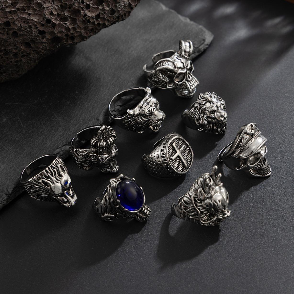Multi Piece Ring Set Retro Gothic Silver Rings Adjustable Chunky Hollow Open Finger Rings Unisex Vintage Jewelry Set Gift for Women Men