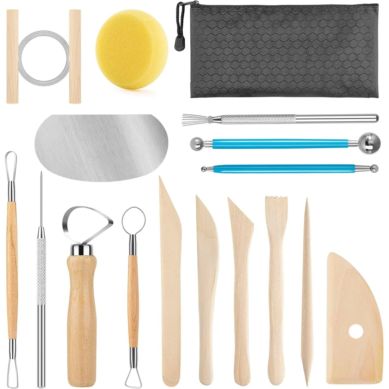 Pottery Tool Kit, 17 count Polymer Clay Tools, Modeling Clay Sculpting Tools Kit, Ceramics Tools, Trimming, Embossing , Smooth Wooden Handles