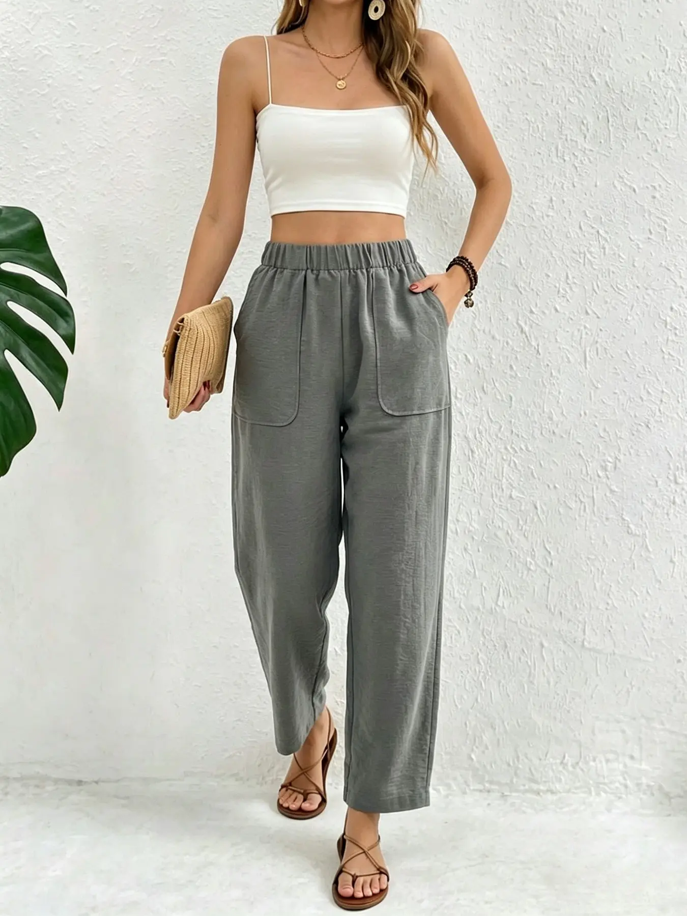 Women's Elastic Waist Wide Leg Pants, Casual Loose-Fitting Ankle-Length Pockets, Breathable H-Type Design for All Seasons