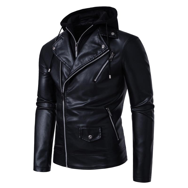 Men's fashionable black PU leather jacket - A versatile and fashionable black mid-length hooded motorcycle leather jacket for winter stand-up collar casual men. Besides keeping warm for men