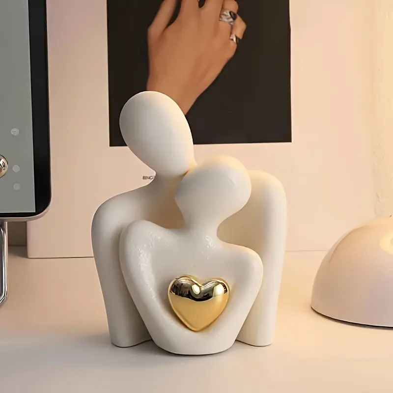 Weighted Modern Ceramic Hug Sculpture with Golden Heart Ornament & Artificial Flower, Collectible Home Decor Figurine, Couple Decorations, Valentine’s Day Gift, Tabletop Home Decor Ornaments for Indoor Room Centerpiece