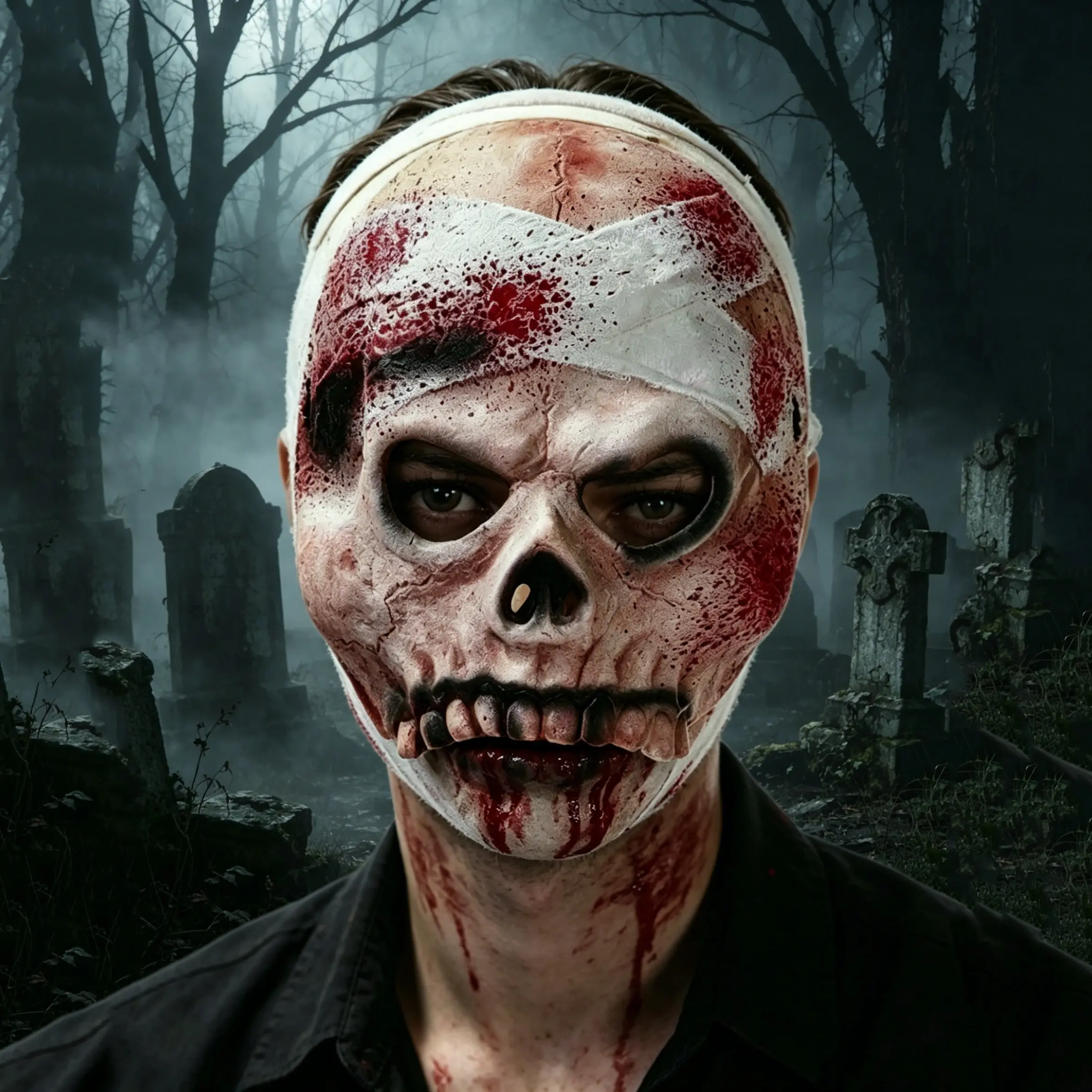 1pc Halloween simulation bloody half face mask, costume party horror imitation bloodstain bandage half face headgear, terrifying bandage skull mask
