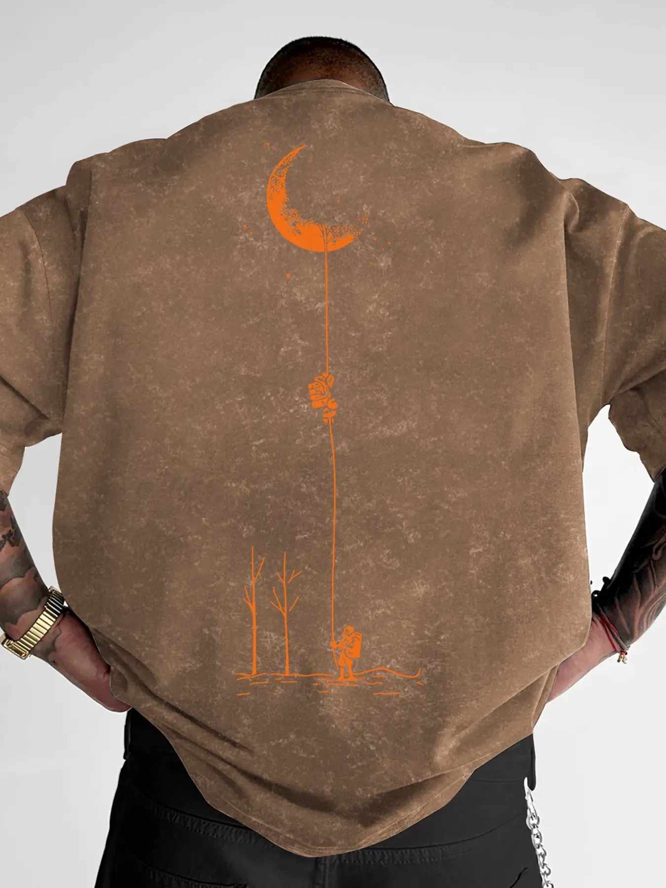 Vintage Wash Crew Neck Loose Short Sleeve Graphic Tee, Crescent Moon Backpacker Tree Rope Minimal Line Art Back Print Outdoor Adventure Nature Casual Streetwear T-Shirt #OutdoorTee #NatureGraphicShirt #VintageStreetTee #AdventurePrintTop #TikTokMadeMeBuyI