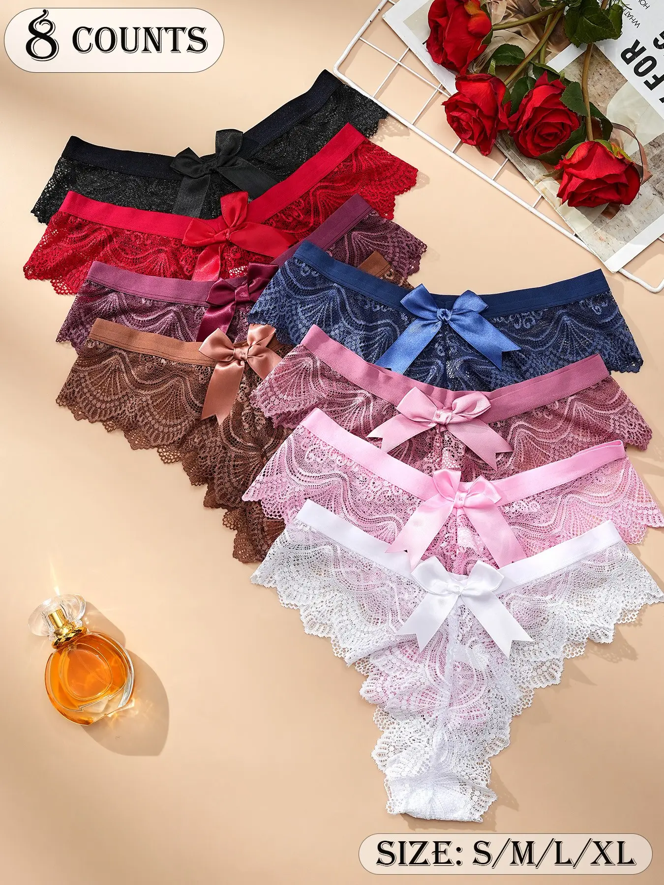 8-Pack Summer Sexy Lace Underwear Panties Briefs Set, Panties, Floral Pattern, Butterfly Knot Design, Soft Breathable Fabric, Comfortable for Daily Wear