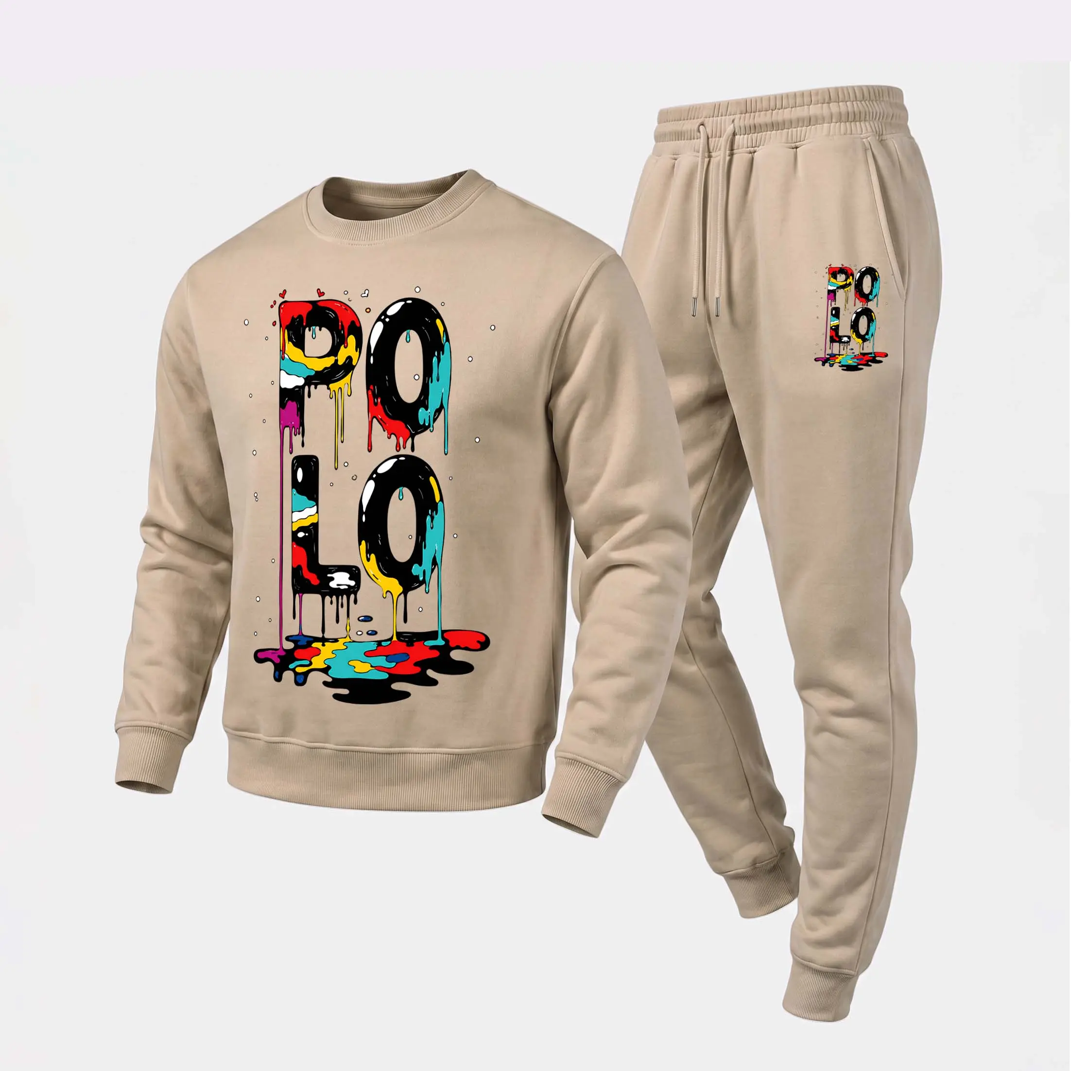 Men's 2-Piece Sweatsuit Set, Casual Graphic Print Long Sleeve Crewneck Pullover and Drawstring Joggers, Relaxed Fit Polyester Loungewear, Long Sleeves, Drawstring Belt