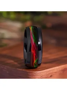 Unisex Gradient Flame Ring, High Polished Obsidian Finish Red Green Purple Tone, Scratch Resistant Modern Art Wedding & Daily Band for Men