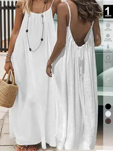 2026 Summer Lightweight Minimalist Crinkle Maxi Dress, Spaghetti Straps, Hollow Out, Adjustable Waist with Drawstring, Full Length, Ideal for Tropical Getaways