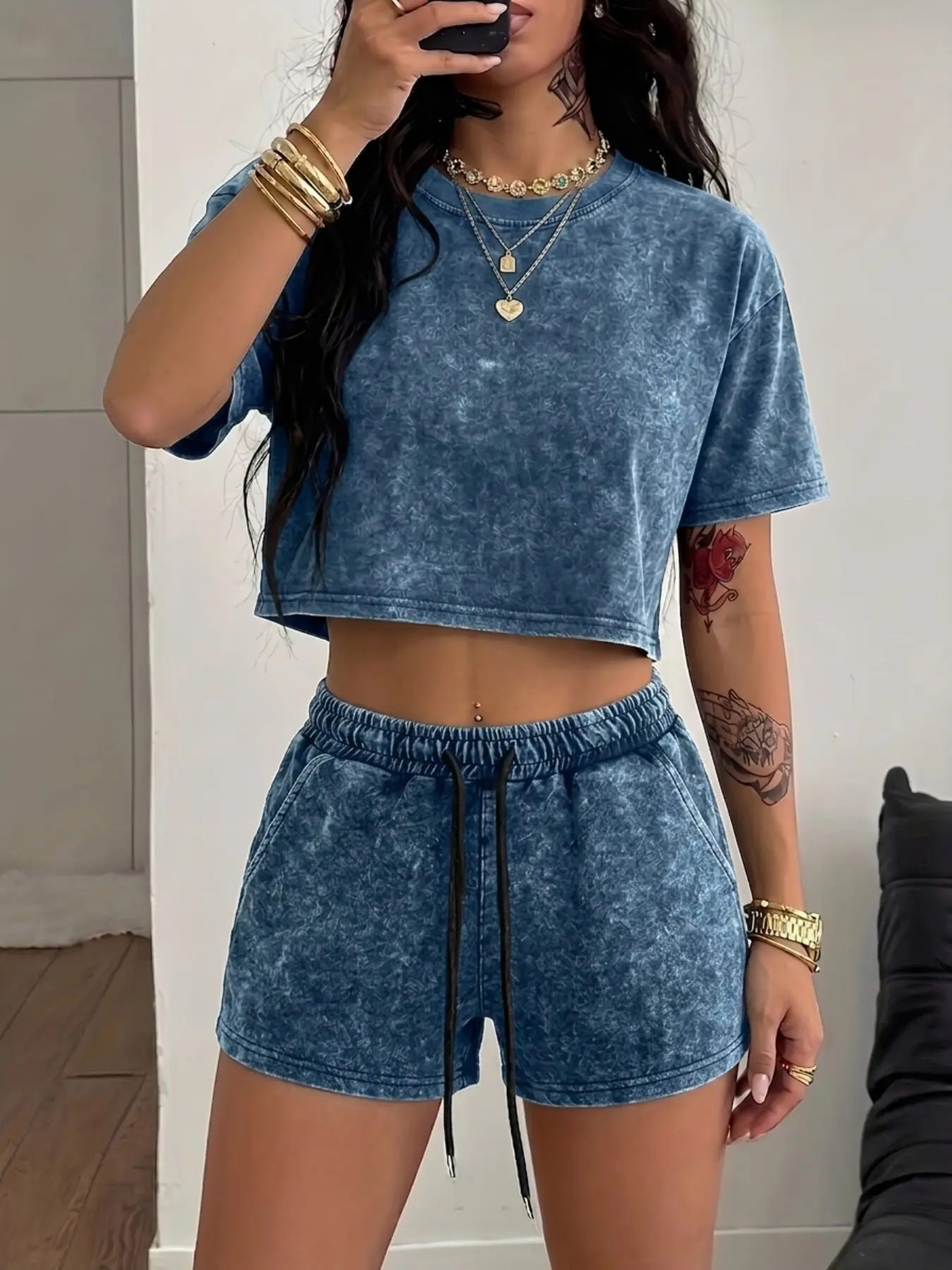 Multi-Color Washed Crop Two-Piece Set, Relaxed Chic Casual Style, Vintage Short Top + Shorts, Perfect Lazy Dressing, Clothes