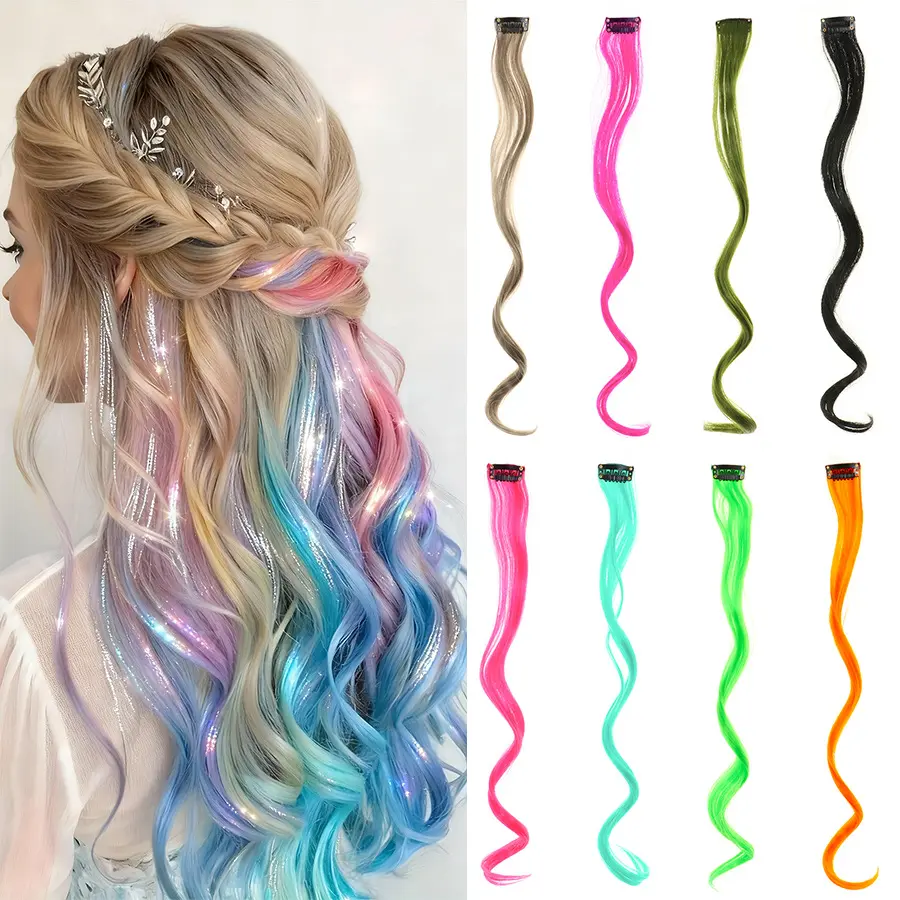 One-Piece Clip In Net Hair Topper, High Layer Large Wave Ear Hanging Rainbow Highlight Hair Extensions, Seamless Invisible Curly Synthetic Hair Piece for Natural Hairstyle