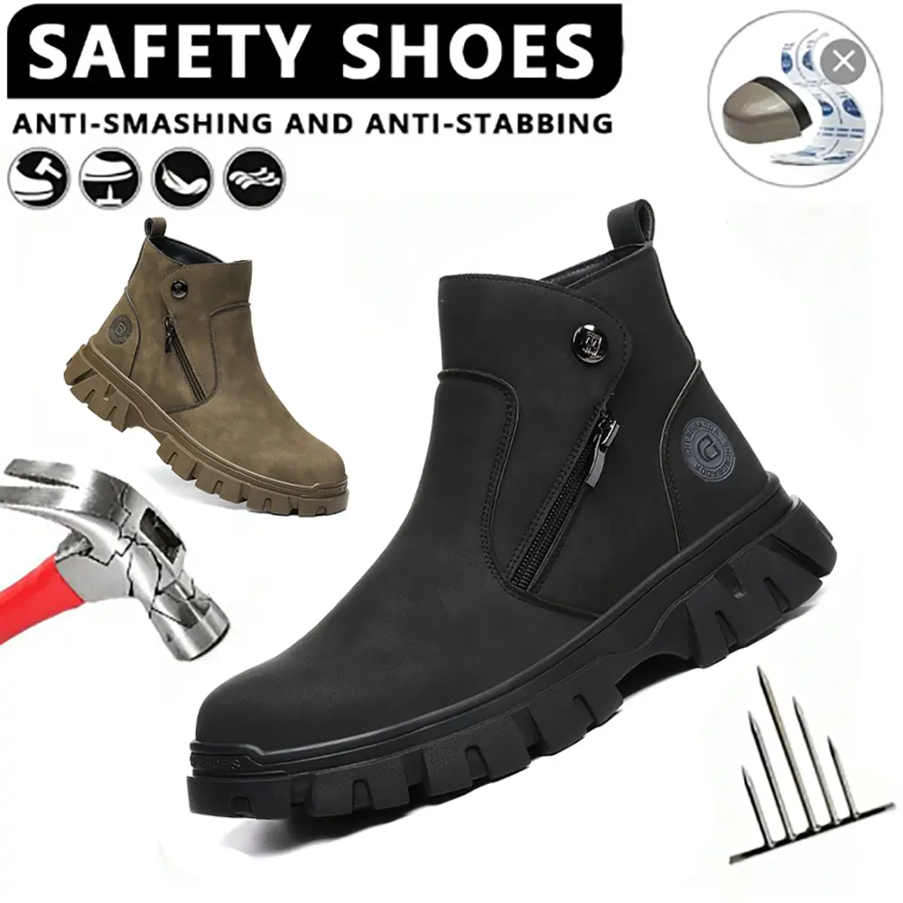 Heavy Duty Men Industrial Safety Work Boots High Ankle Steel Toe Indestructible Shoes Anti-Smash Anti-Puncture Slip Proof Rubber Sole Microfiber Protective Construction Roofing Work Boots For Warehouse Factory Daily Use Lightweight outdoor high top