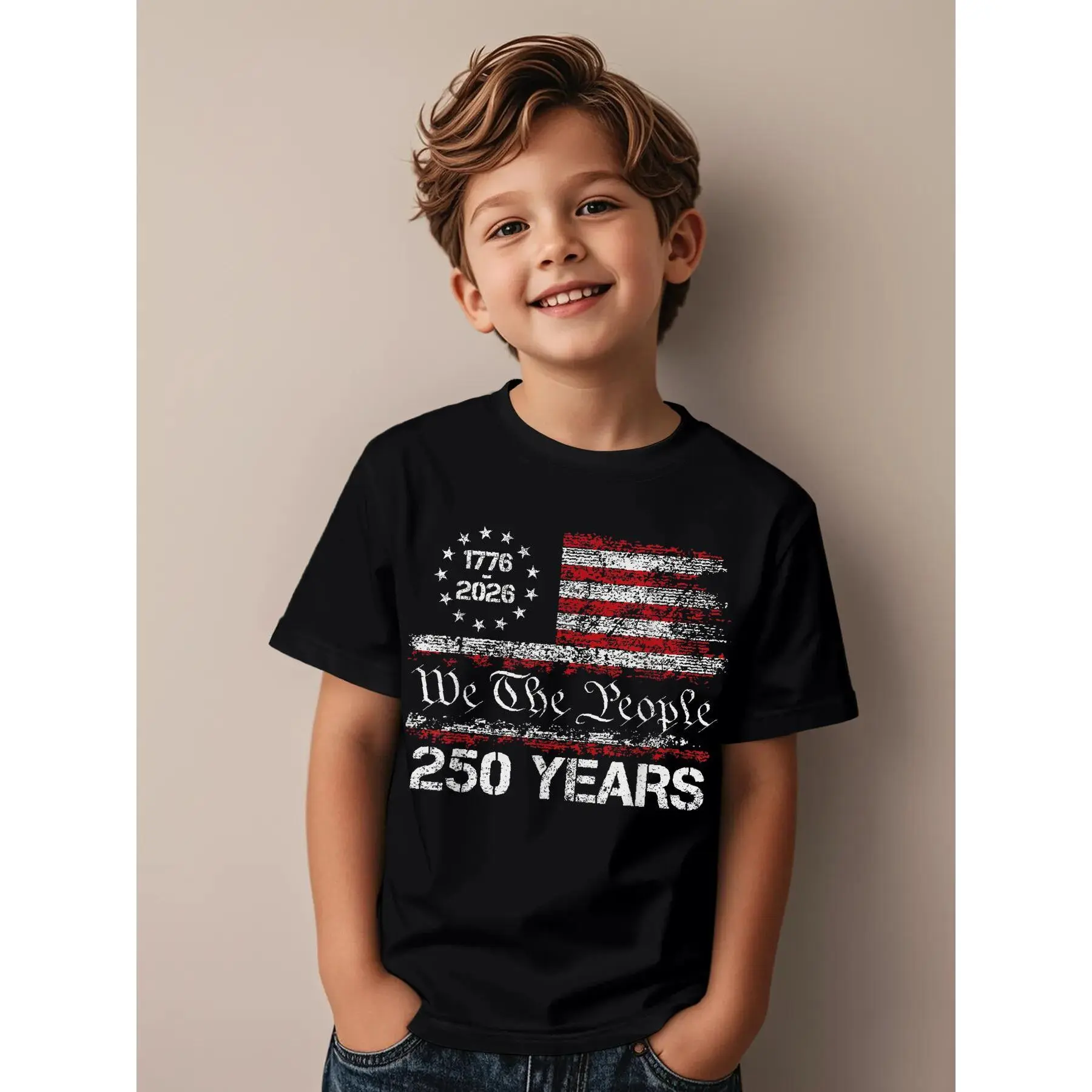Boys' 1776-2026 250th American Anniversary Fourth of July Print T-Shirt, Short Sleeve Tops, Regular Fit, July 4th Graphic Kid Size Casual Trending Tees