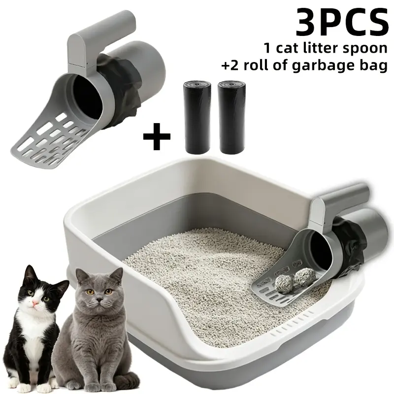3-Piece Set, 1 Large-capacity Cat Litter Spatula and 2 Garbage Bags, Non-contact Design, Ergonomic Handle and Durable Plastic Construction, Easy-to-clean Design, Suitable for Indoor/outdoor Use, Indoor Pet Care, Modern Pet Supplies, Sturdy Construction