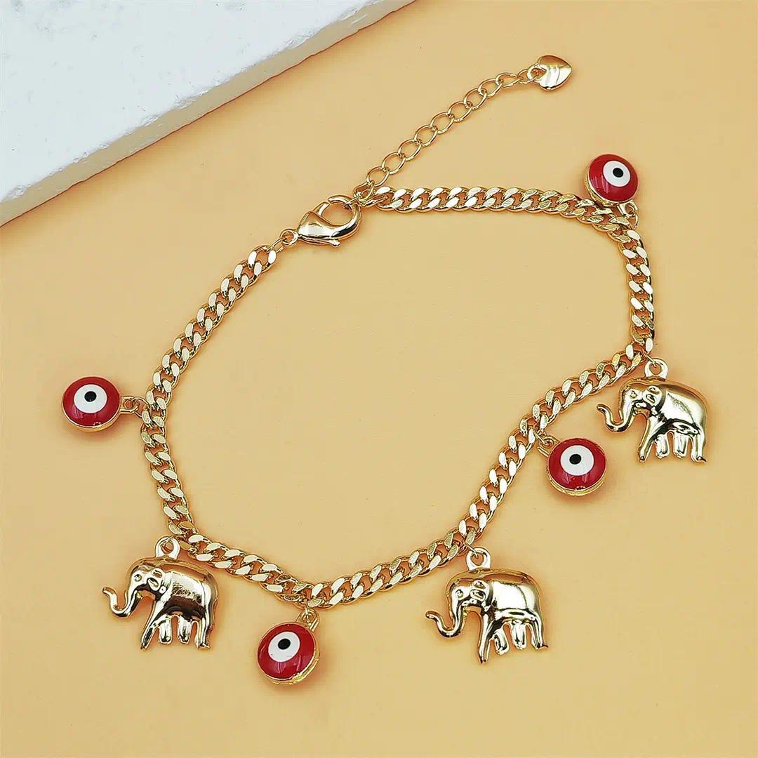 Gold Devil's Eye Lucky Elephant AnkletY2K Aesthetic Red Evil Eye Pendant Anklet Adjustable Gold Plated Chain Anklet for Party Birthday Holiday Gift Daily Wearwith Baby Elephant Pendant Adjustable Length for Stylish Accessory