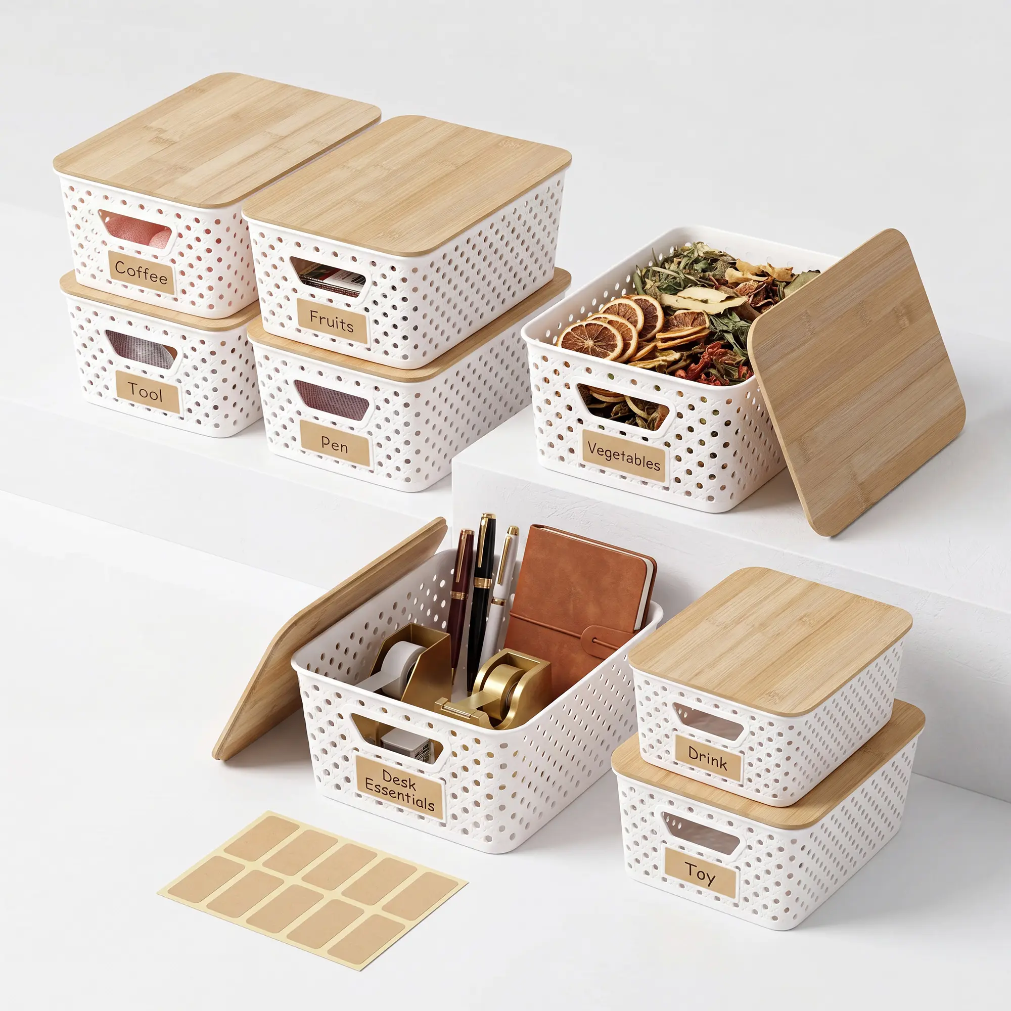 Space Saving Stackable Storage Bins – Bamboo Lid Plastic Organizer Boxes with Side Handles, Compact 5.1Qt Baskets for Snacks, Toys, Office Supplies, Kitchen, Pantry, RV